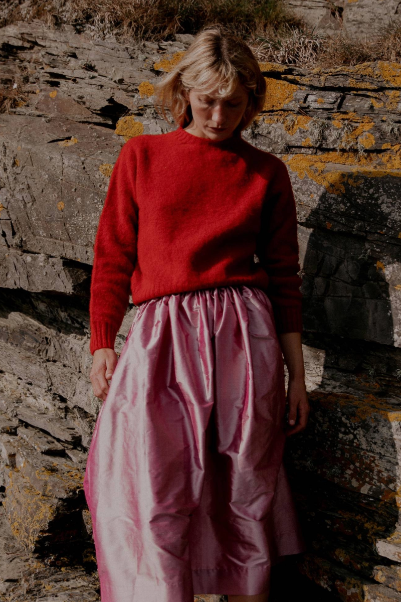 Tina Gathered Midi Skirt Silk Dark Pink