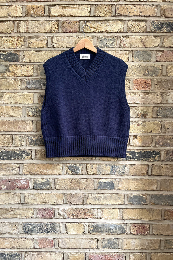Raye British Wool Knitted V neck Vest Navy - ELWIN UK