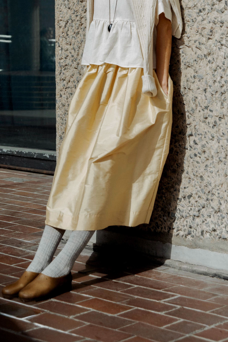 Tina Silk Gathered Midi Skirt NEW Yellow